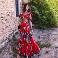 summer 2 piece sets women floral skirts suits sexy cropped top maxi dress long pleated skirts bohemian boho clothing woman suit