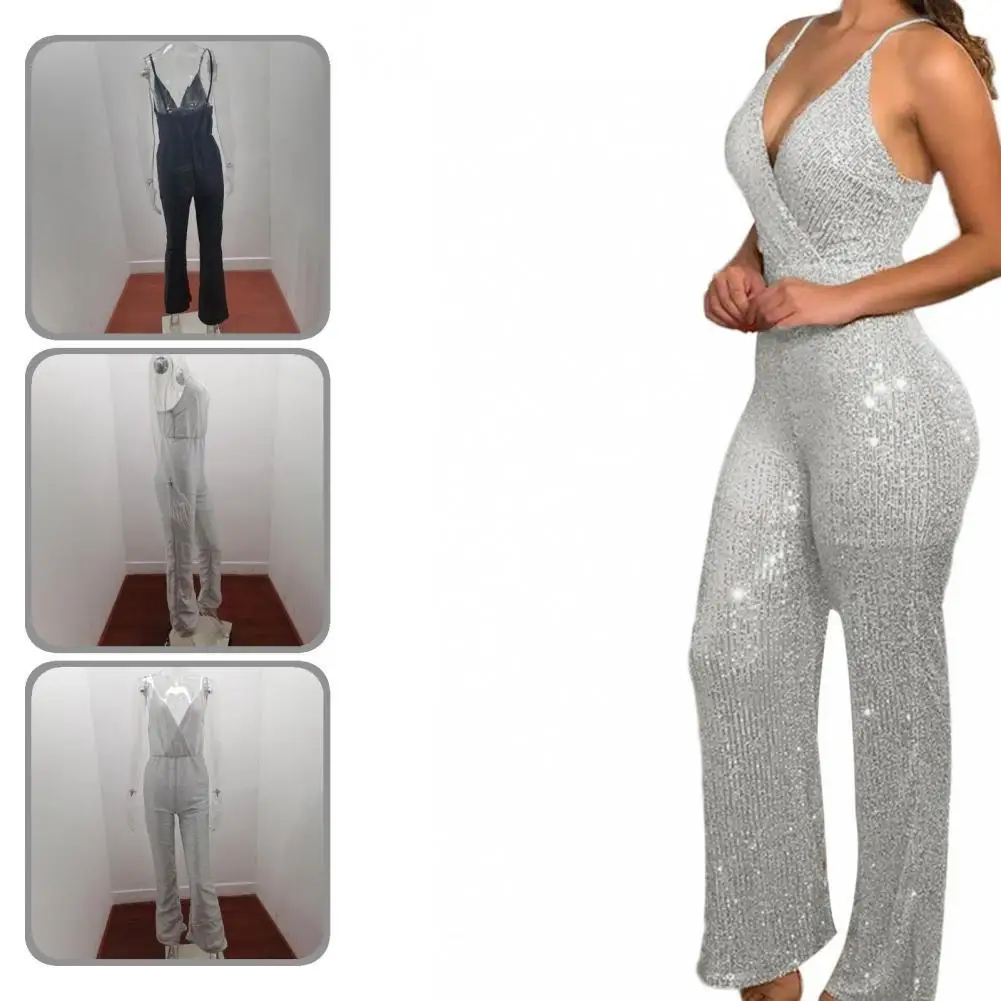 

Summer Stylish Sequined Backless V Neck Jumpsuit Lady Slim Jumpsuit Off Shoulder for Home