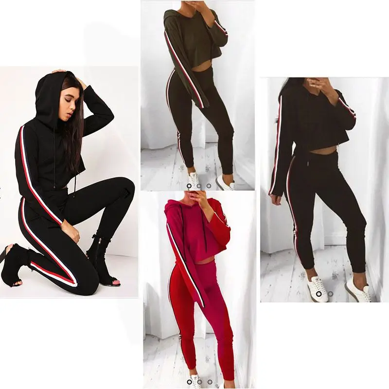 

2020 Autumn Fashing Long Sleeve Cropped Hoodies Pants Women Casual Tracksuit Set Fashion Side Stripe Splice Women 2 Piece Set