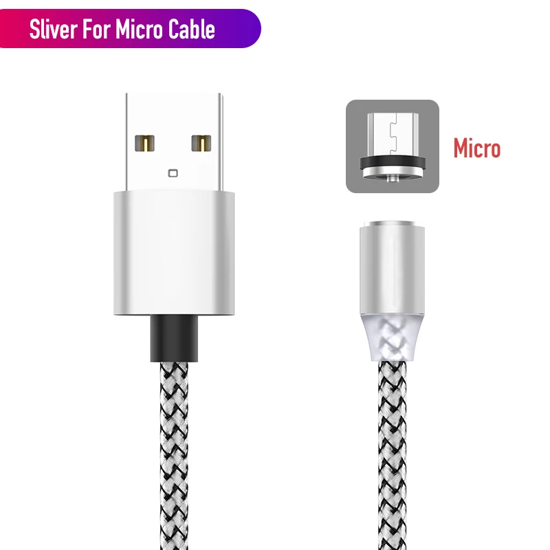 Silver For Micro USB 1 м светодиодный магнитный USB кабель для iPhone Xs Max и usb type-C кабель Micro USB кабель для samsung Xiaomi huawei USB C адаптер - Цвет: Silver For Micro USB