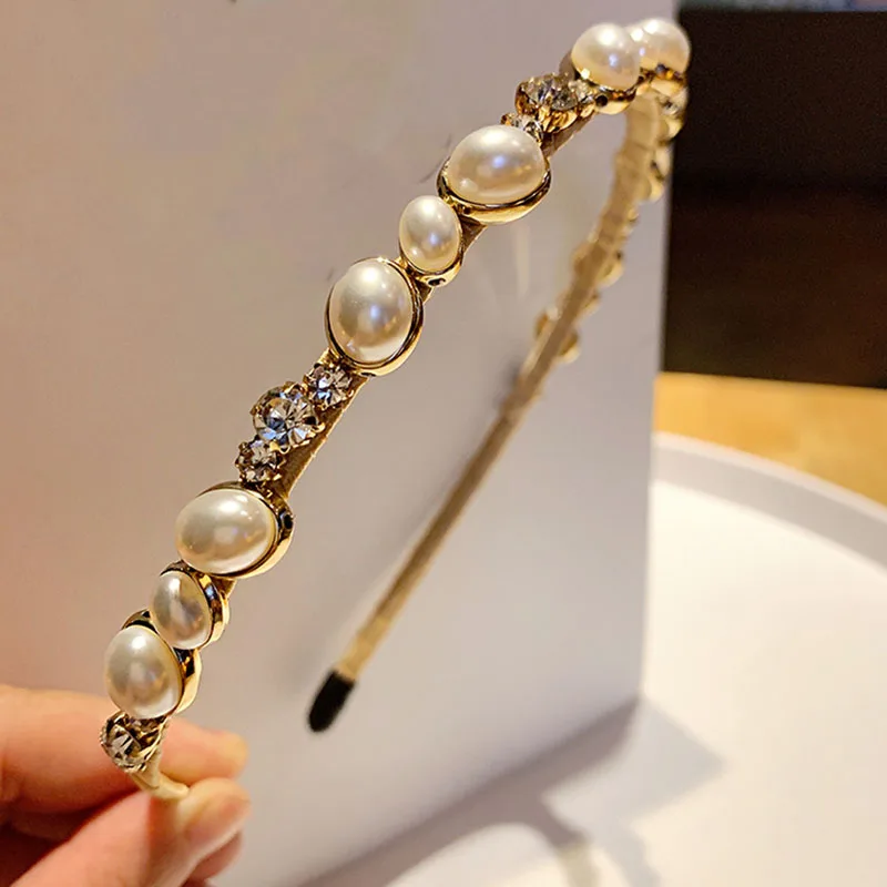 

Korea Delicate Vintage Golden Hairband Women Pearl Glittering Rhinestone Headband French Style Ladies Court Hair Accessories