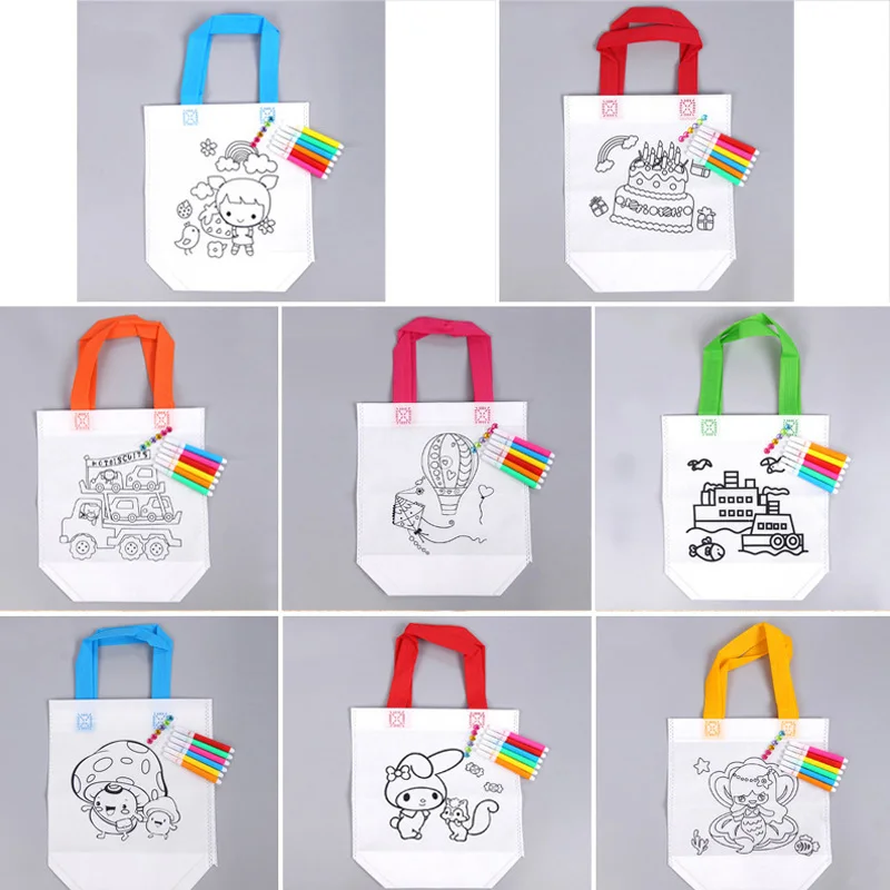 

Non-woven Fabric Graffiti Painted Bags 22*25CM Canvas Environmental Bag Doodle Handbag 1Pcs/5Pcs Children DIY Handmade
