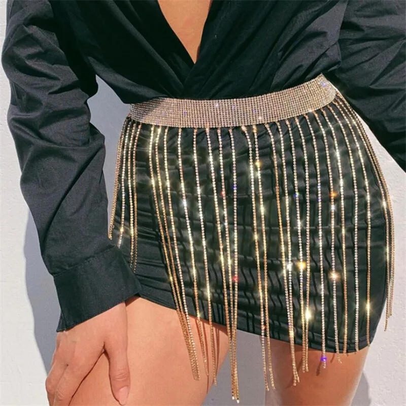 Ремень женский со стразами Золотая цепочка с длинной бахромой | Аксессуары для