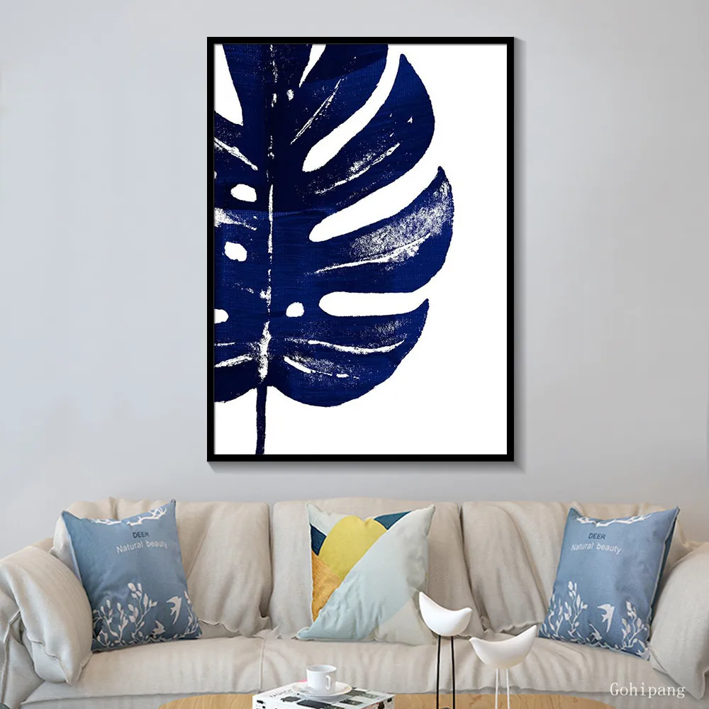 Черно-белые темно-синие листья пальмы современный минималистичный