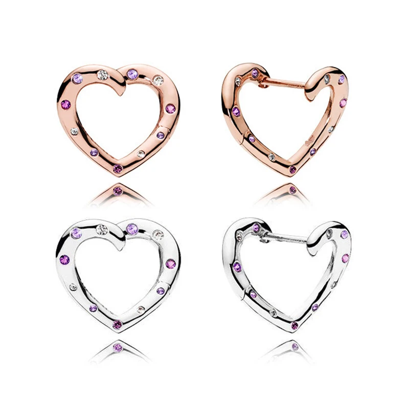 

Genuine 925 Sterling Silver Pan Earring Rose Bright Heart Earrings For Women Wedding Party Gift Europe Fashion Jewelry