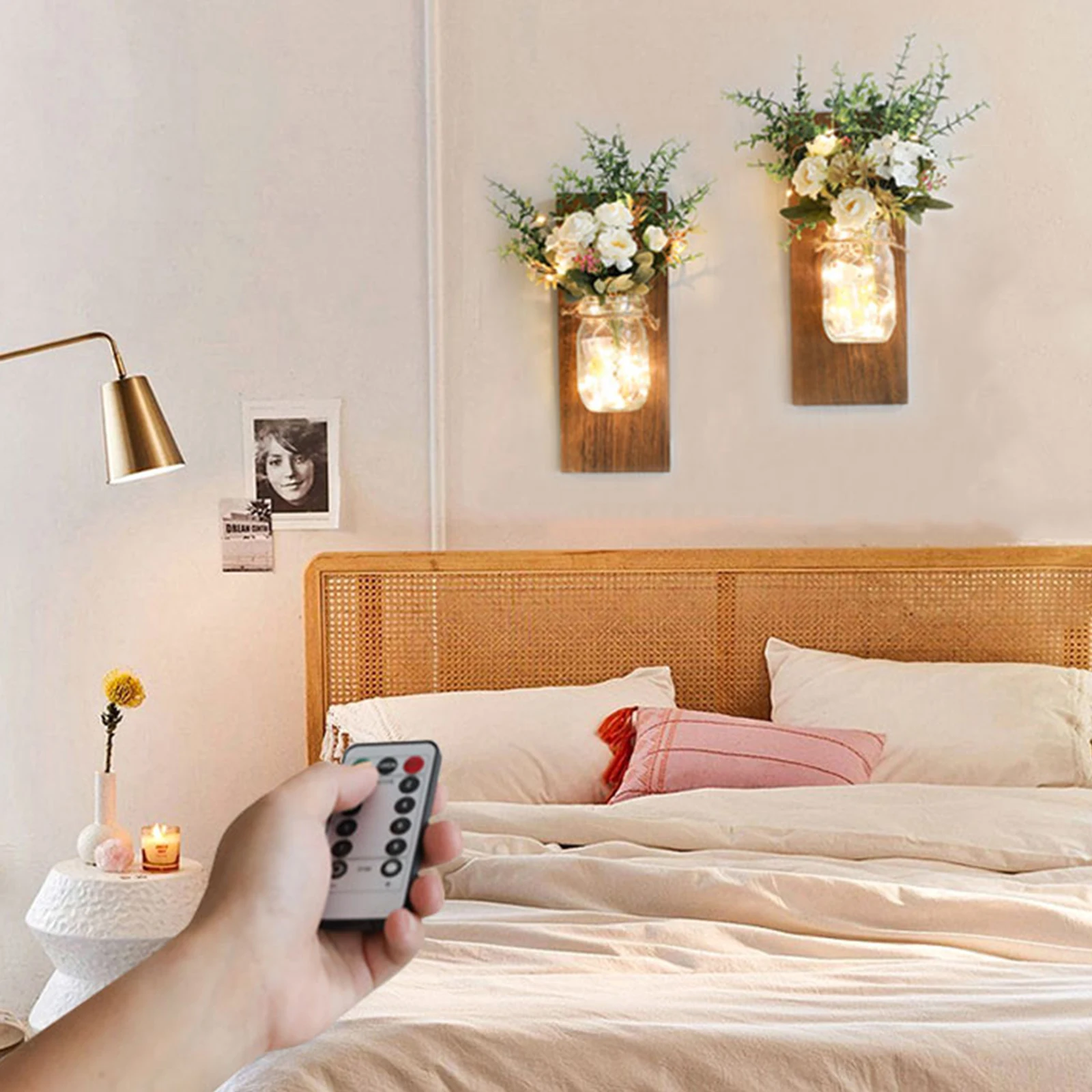 

Modern Mason Jar Wall Sconces Vintage Hanging LED Flowers Plants Light Remote Control Home Wall Bedroom Farmhouse Decor