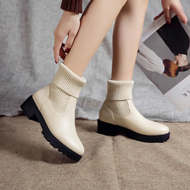 

LALA IKAI Women Knit Stitching Ankle Boots Glossy PU Stretch Boot Fashion Riding Boots Female 2021 Autumn Winter