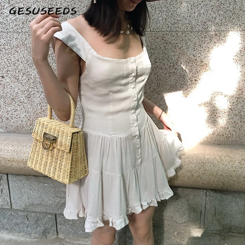 Женское льняное платье на пуговицах белое/желтое винтажное трапециевидной формы