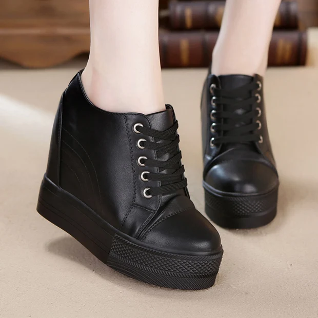 

Women's Black White Sneakers Casual Pu Leather Lace Up Vulcanized Shoes For Woman Spring Autumn Wedges High Heels Sneaker
