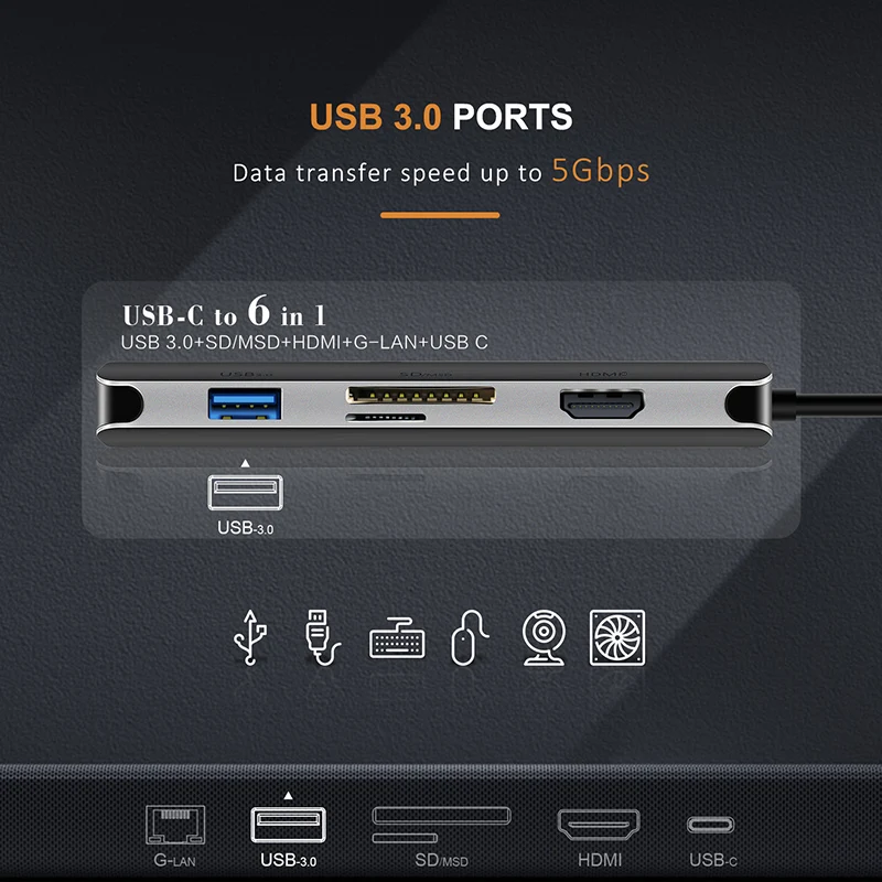 Кабель USB C Hub Type c к HDMI SD/TF AUX адаптер USB-C конвертер 6 в 1 для MacBook air Huawei Mate20/30/P30 pro C041 |