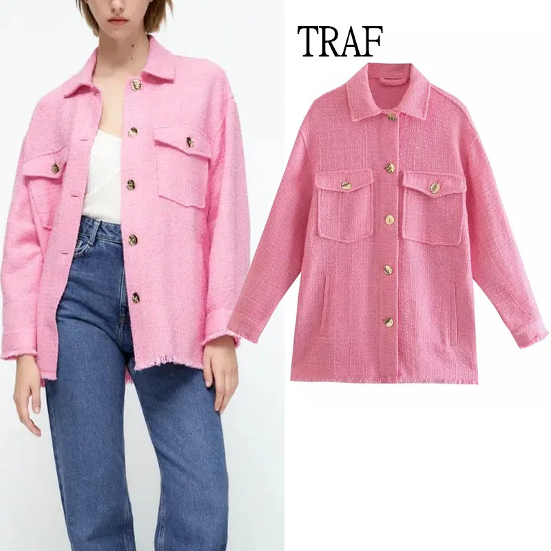 Куртка TRAF Za Женская с длинным рукавом винтажная текстурированная розовая