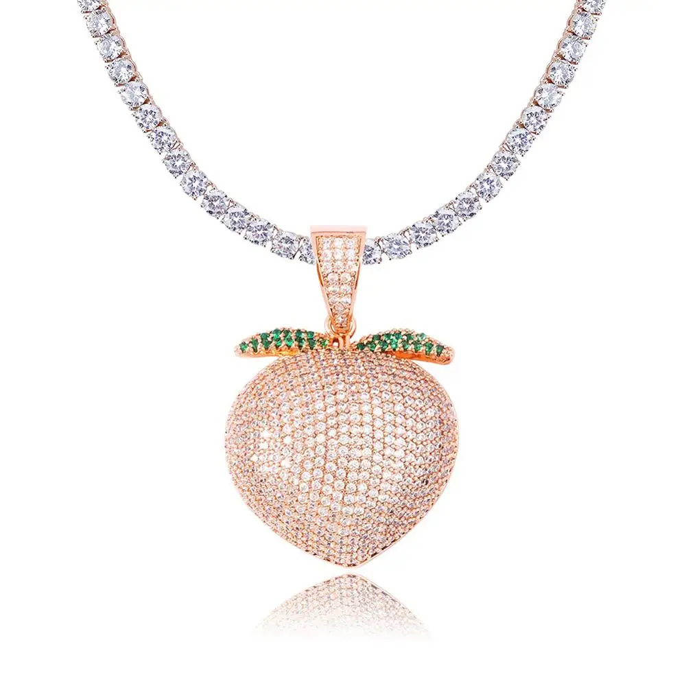 New Iced out Fruit Pendant Necklace With Tennis Chain Gold Color Cubic Zirconia Mens Women Hip hop Jewelry Bling | Украшения и