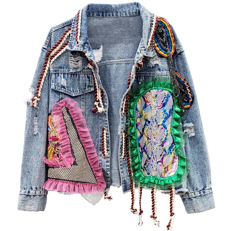 

2020 Autumn Women's Fashion High Street Tassel Patchwork Hole Denim Jacket Female Students Jackets Coat Outwear A3884