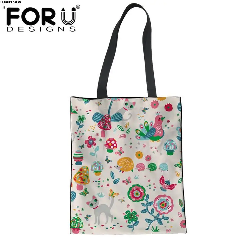 

FORUDESIGNS Cute Cartoon Cats Bird Animal Pattern Tote Shopper Bags Canvas Women Shopping Linen Bags Teenager Girls Grocery Bag