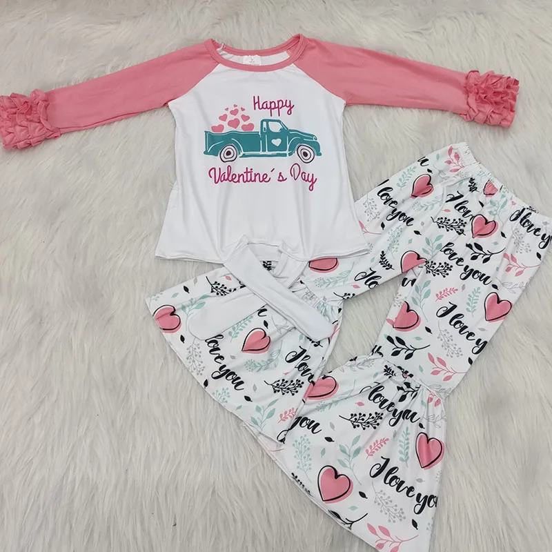 Newborn Baby Girl Clothes Valentine's Day Long Sleeve Raglan Shirt Bell Bottom Pants Outfits Kids Boutique Clothing Sets | Детская