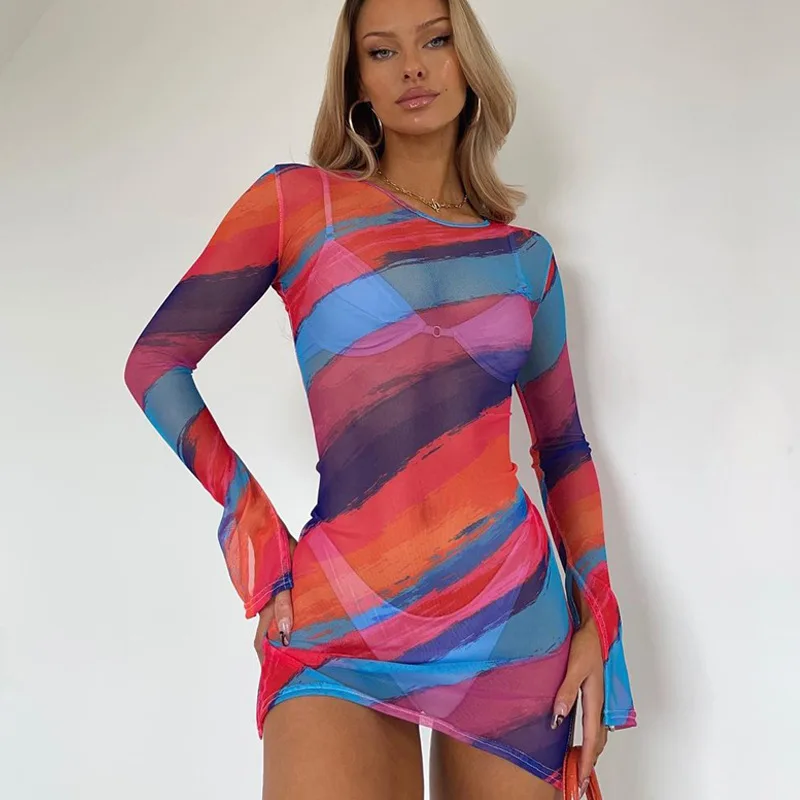 

Coffeehot mini dress Fashion printed net yarn see-through round neck long sleeve slits dress