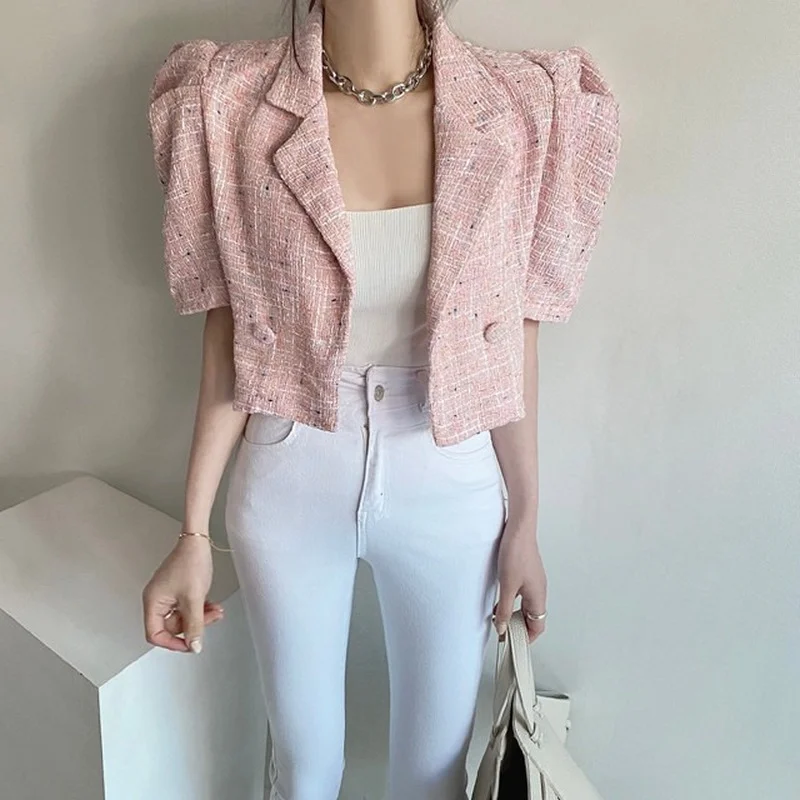 

Korea Chic Retro Summer Short Sleeve Lapel Tweed Jacket Straight Puff Sleeve Short Cardigan Coat Crop Tops Fashion Sexy Wild