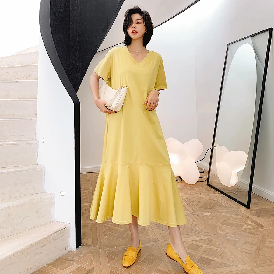 

NYFS Korean Summer Dresses for Women Loose V-neck Short Sleeve Woman Dress Fishtail Long Dress Vestidos Robe Elbise
