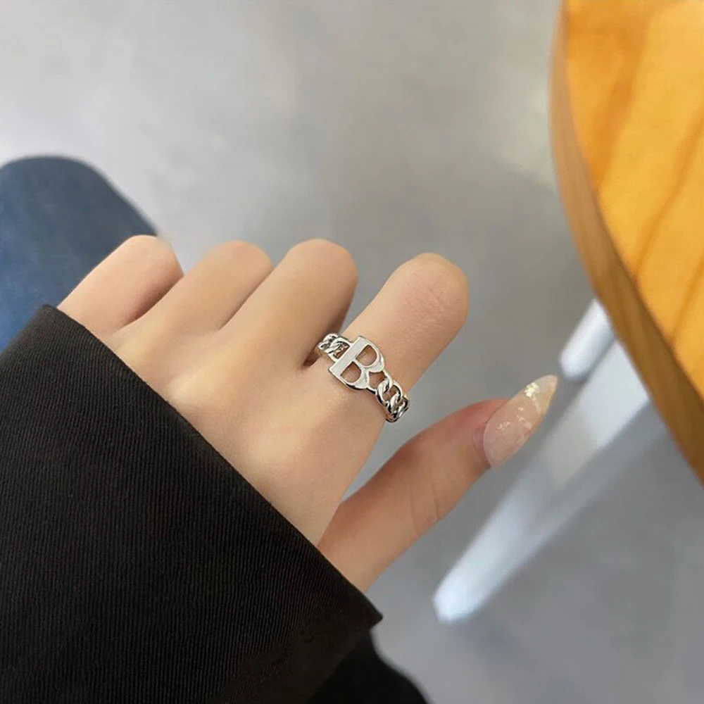 

Silver Letter B 2021 Trend Men's Women's Ring Punk Gothic Aestethic Vintage Adjustable Couple For Teens Engagement Gift Jewelry