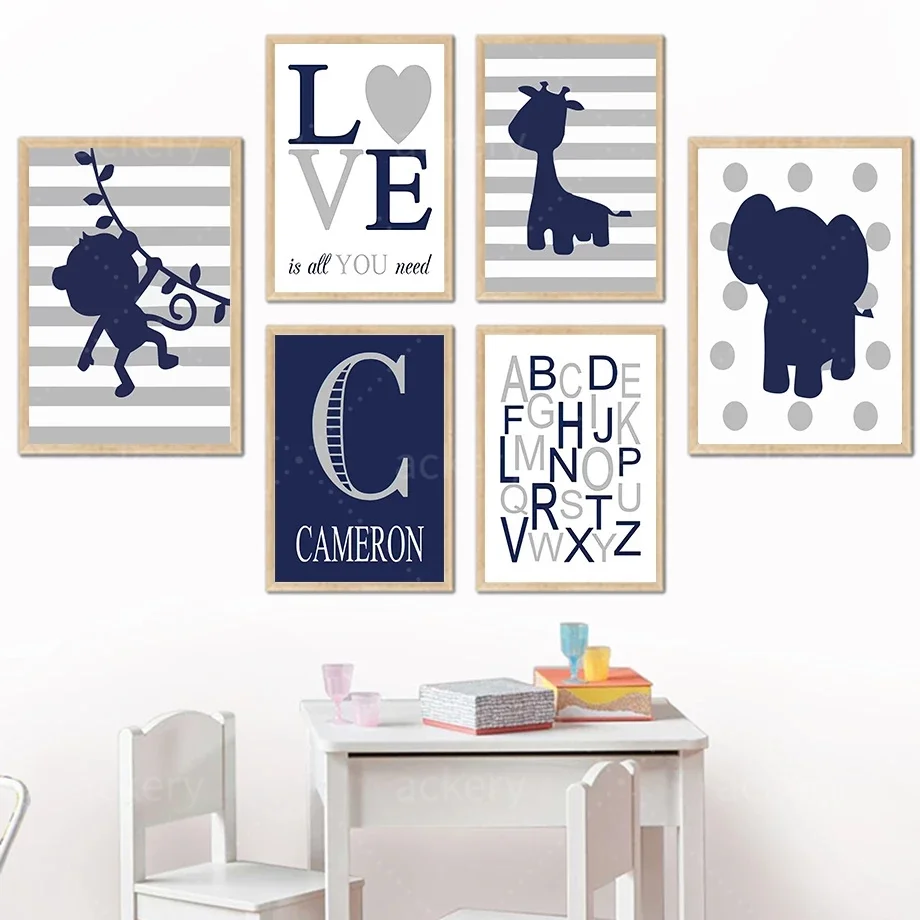 

Blue Nordic Canvas Painting Cartoon Elephant Giraffe Pattern Decorative Painting Letter Pattern Wall Decor Art Children's Room