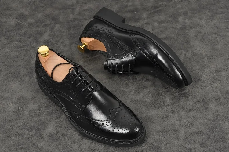 Men Bullock carved Oxford black red wine pointed toe lace up flat formal shoes Genuine leather party wedding | Обувь