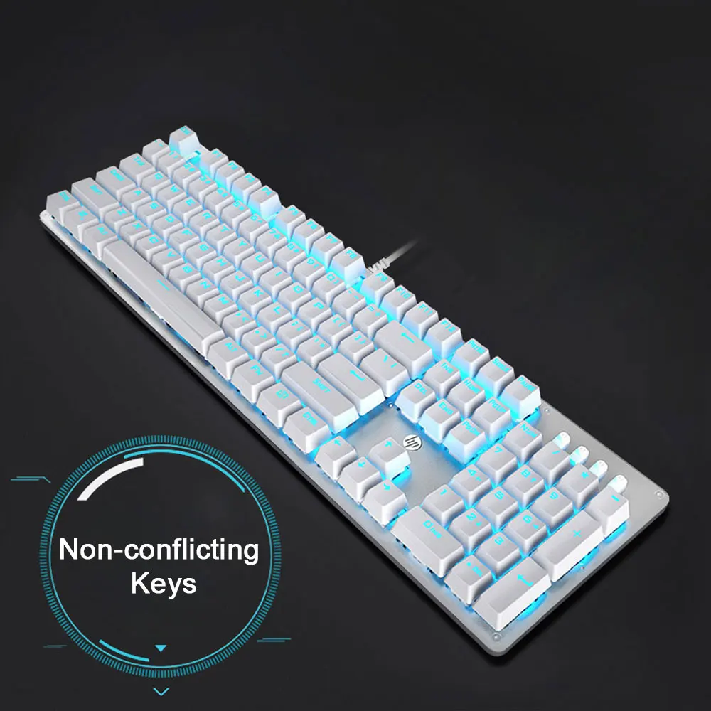 Hp GK100 Механическая игровая клавиатура с подсветкой, синий, красный переключатель, 104 клавиш, металлический цветной светодиодный компьютер с подсветкой, Проводная клавиатура для геймера