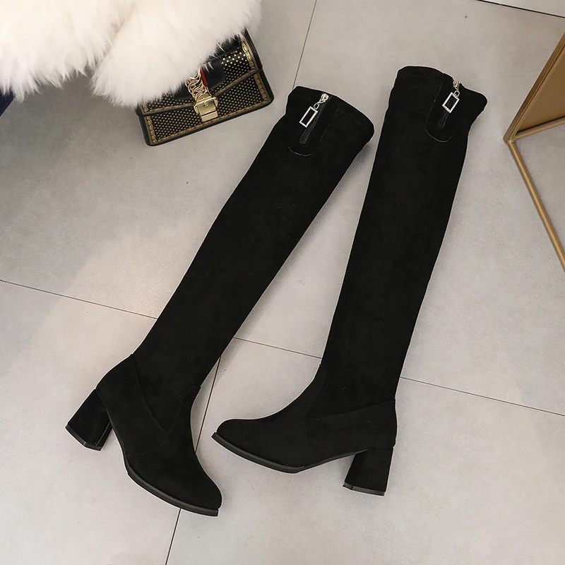 

Wide Calf Over The Knee Boots High Heel Women 2020 New Winter Black Slim Thigh High Boots Women Fashion Metal Zipper Decoration