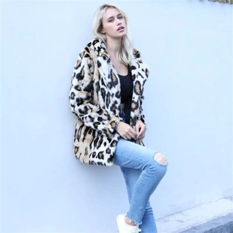 New ladies fur coat womens fashion leopard print hooded imitation mink fur clothes warm leather jacket autumn winter
