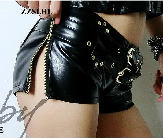 

1PCS Sexy Faux Leather Hot Shorts Double Sashes Low Rise Waist Micro MINI Shorts With Zipper Open Night Culb Wear FX1035