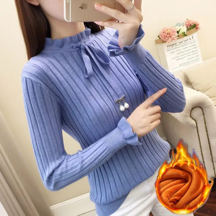 

Bow knot new plush sweater women's autumn and winter Korean long sleeve slim fit Pullover Sweater bottomed sweater