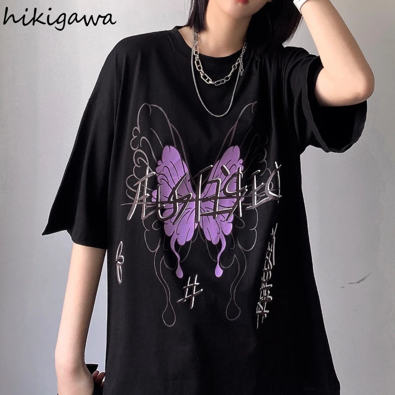 

Hikigawa Comics Cartoon Print Women Tshirts Butterfly Graphic T Shirts Short Sleeve Hip Hop Harajuku Tops Long Oversized T-shirt