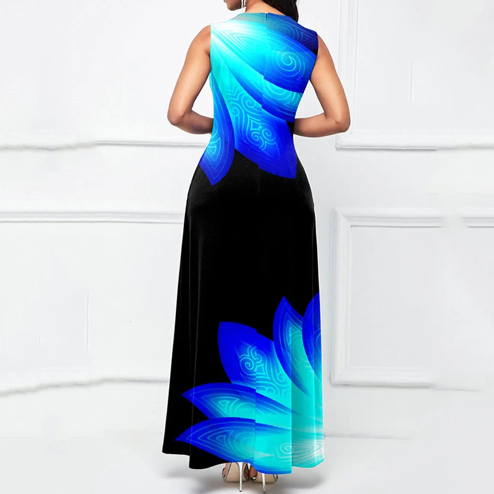 

Fashion Elegant Sleeveless Oversize Dress Summer 2021 Casual Pocket Contrast Splicing Printing Long Maxi Dresses Femme Vestiods