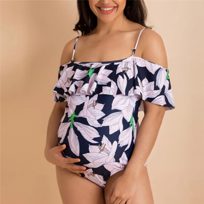 Женский купальник для беременных слитный с цветочным принтом и оборками пляжная