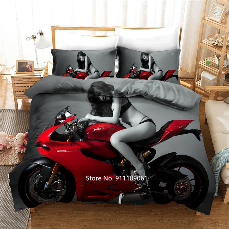 

3D Digital Print Sexy Beauty Bikini Cool Motorcycle Bedding Boy Teenager Deluxe Down Quilt Cover Pillowcase Bedroom Decoration