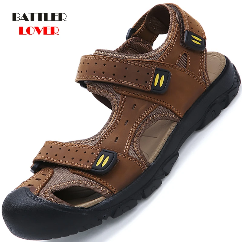 

Men Genuine Leather Sandals Summer Leisure Beach Sandalies High Quality 100% Cow Leather Outdoor Footwear Big Size 38-50