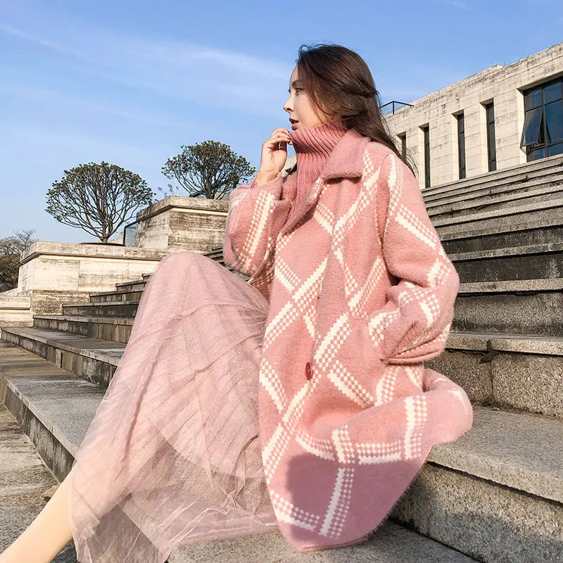 Korean Retro Plaid Faux Mink Velvet Coat 2020 Autumn Winter New Loose Knit Cardigan Thick Coat Plush Jacket Especially Female