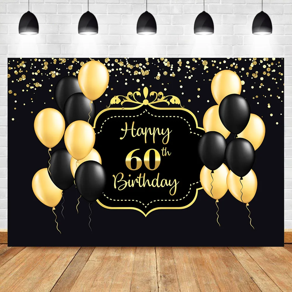 

Happy 60th Birthday Backdrop Black Yellow Balloon Background Gold Light Spot Decoration Adult 60th Birthday Banner Background