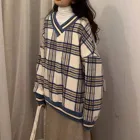 Женский винтажный свитер в клетку, Свободный джемпер с V-образным вырезом и длинным рукавом, большие размеры, корейский модный теплый пуловер для девушек, топы d5