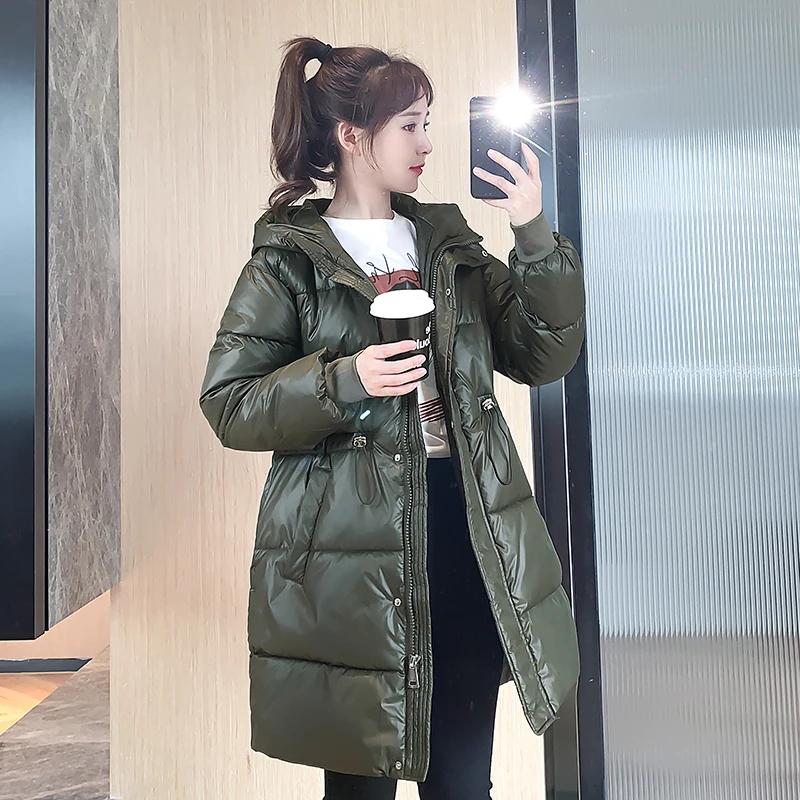 

JTTYYK модный тонкий регулируемый пояс зимняя куртка для женщин средней длины с капюшоном пуховик пальто для женщин зимнее пальто с подкладко...