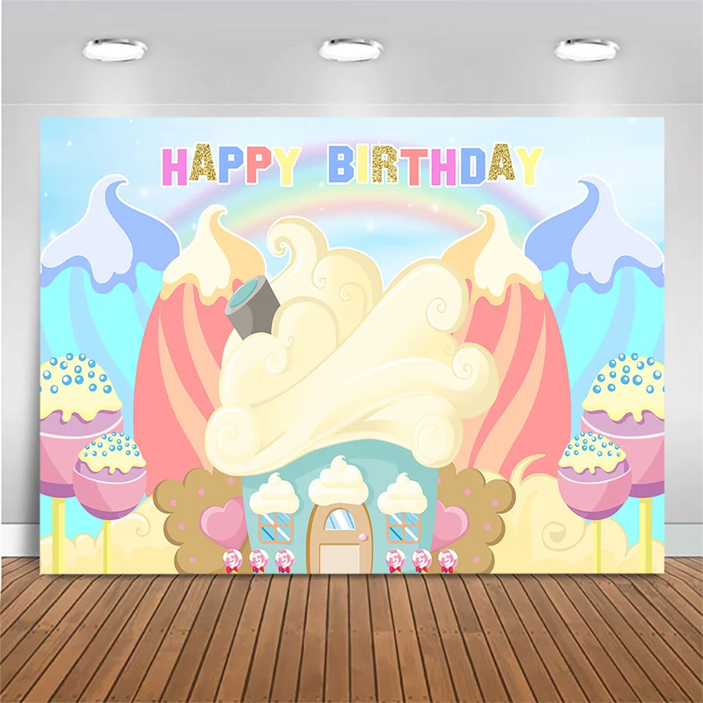 

Happy Birthday Backdrop Ice Cream Lollipop Rainbow Cartoon Photography Background Kids Birthday Party Photo Background Banners