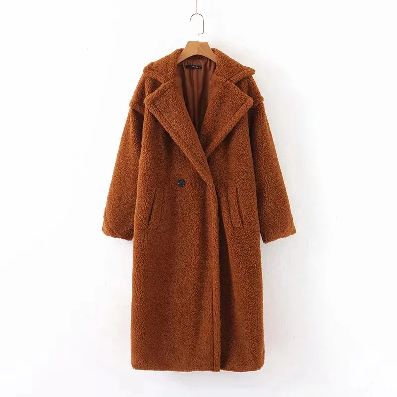 Autumn Winter Ins Blogger Lapel Long Lamb Wool Coat Fluffy Jacket Solid Color Loose Long Coat Women 2021 Luxury Street Hipster