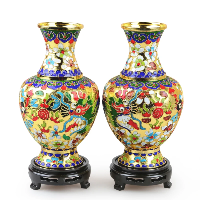 

Old Beijing Enamel Cloisonne Vase Decoration Altar Metal Copper Cloisonne Dragon and Phoenix Peony Flower Handmade Crafts