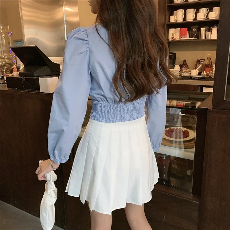 

Zoulv Women Long Sleeve V-neck Puff Sleeve Pleated Elastic Waist Chic Elegant Fairy Lovely Teens Solid All-match Casual Blouses