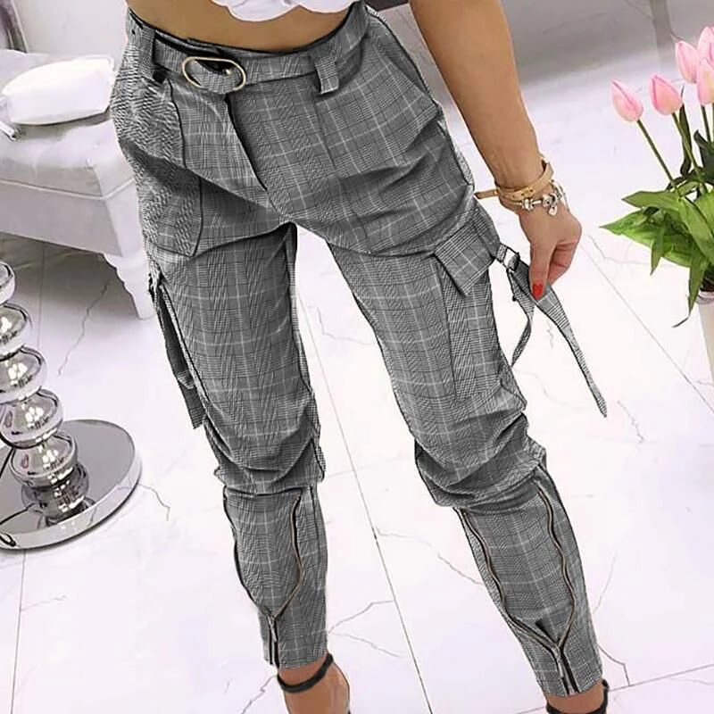 

Women Pants Cargo Sexy Fake Zipper Skinny High Waist Pants Plaid New Fashion Elegant Print Long Casual Pants Female 2021 Spring