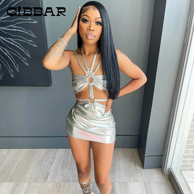 

CIBBAR Sleeveless Halter Mini Dress Women Solid Sexy Hollow Out HipsterBodycon Dresses 2021 New Hot Midnight Clubwear Attirewear