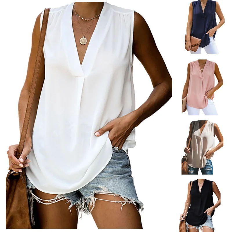 

2021 New Fashion Women Chiffon Shirts Fashion Casual Sleeveless V-Neck Solid Loose Blouse Summer Sexy Tops Plus Size Clothing