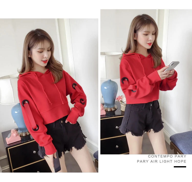 

Korean Casual Hooded Crop Top Hoodies Women New Fashion Brand Loose Sweatshirt Autumn Style Hollow Out Pullovers Hot Ladies Tops