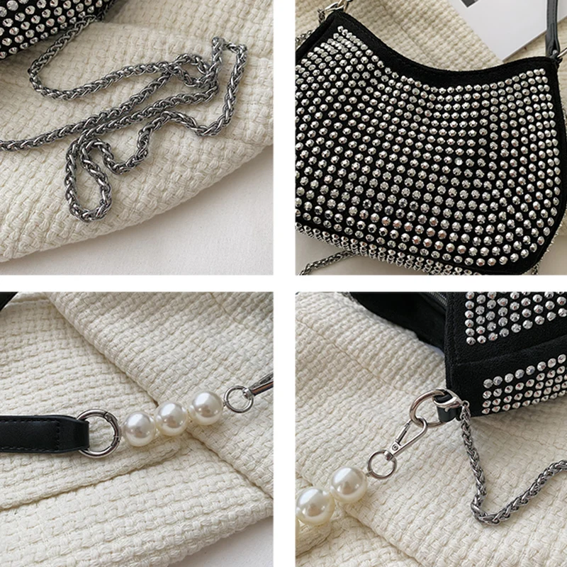 

Women Bags 2021 Trending Shoulder Bag For Female Fashion Lady Crossbody Bag Small With Rivet Black Chain Bag Crescent Moon Shape