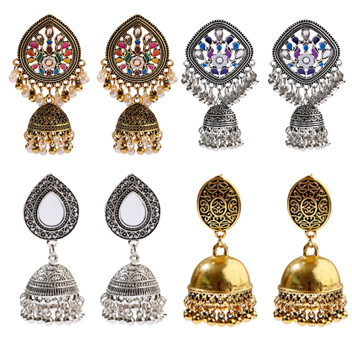 

Indian Earrings Ethnic Boho Afghan Silver Color Carved Ladies Earrings Pendient Gyspy Bell Ladies Indian Earring Jewelry Set