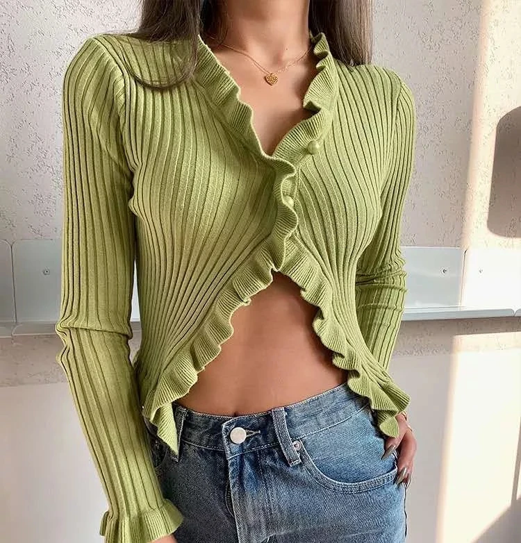 

Ruffle Sweater Cardigan Women Fashion Knitting Sweet Ruffled Crop Tops Lady Full Sleeve Cropped Shirt Cardigan Girl Sweet jacket